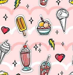 seamless pattern in youthful style with hand drawn elements. ice cream and coffee with hearts on wavy pink background.