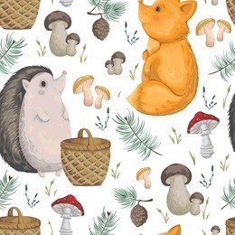 seamless pattern with hedgehog, fox, basket, mushrooms, cones and spruce. cute cartoon characters. hand drawn vector illustration in watercolor style