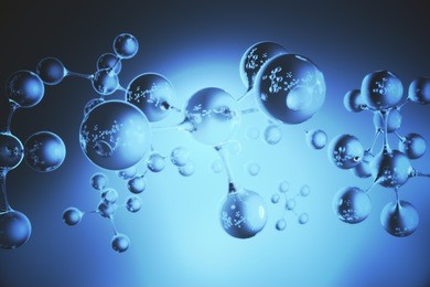 abstract blue connected glass bubbles molecule background. abstraction, creativity concept. 3d rendering 