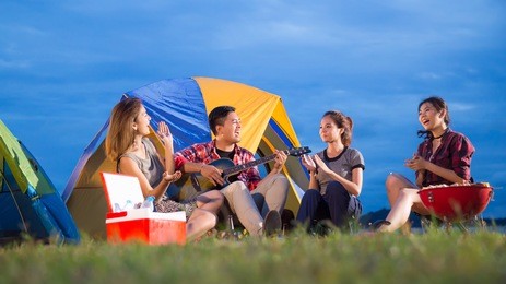 group of friends asian camp forest adventure travel remote relax concept,
mountain view. dinner party, camping barbecue and drink beer.
