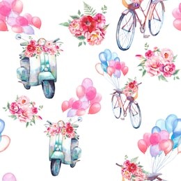 watercolor vintage seamless pattern: scooter and bicycle with bouquet of flowers and air balloons. hand painted retro repeating texture. summer surface design