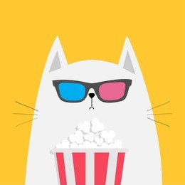white cat eating popcorn. cinema theater. cute cartoon funny character. film show. kitten watching movie in 3d glasses. yellow background. isolated. flat design. vector illustration