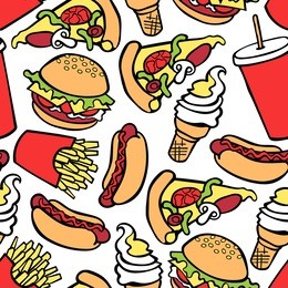 fast food. burger, hot dog, french fries, milkshake, ice cream, pizza. seamless vector pattern (background).