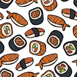japanese cuisine: sushi and rolls. seamless vector pattern (background).