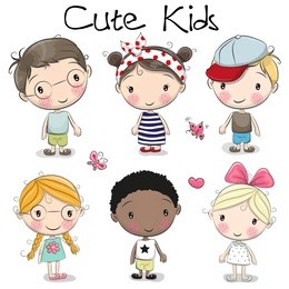 set of cute cartoon girls and boys on a white background