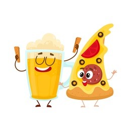 funny beer mug and yummy pizza slice characters having fun, cartoon vector illustration isolated on white background. funny smiling beer mug and pizza, fast food restaurant, good company
