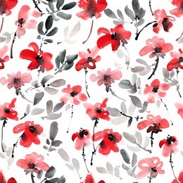 watercolor and ink illustration of flowers. sumi-e, u-sin painting. seamless pattern.