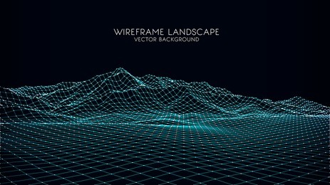 abstract digital landscape with particles dots and stars on horizon. wireframe landscape background. big data. 3d futuristic vector illustration. 80s retro sci-fi background