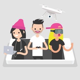 millennials using different devices: laptop with headphones, drone and vr glasses. new technologies conceptual illustration. flat editable vector, clip art