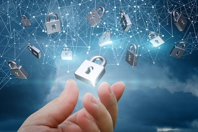 network with security locks on a blue background.