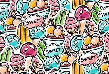 seamless pattern in youthful style with hand drawn elements. ice cream with hearts in colorful composition for fabric, textile, scrapbooking, prints, web backgrounds, menu design.