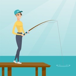young caucasian woman relaxing during fishing on jetty. cheerful fisherwoman fishing on lake. angler standing on the jetty with a fishing-rod in hands. vector flat design illustration. square layout.