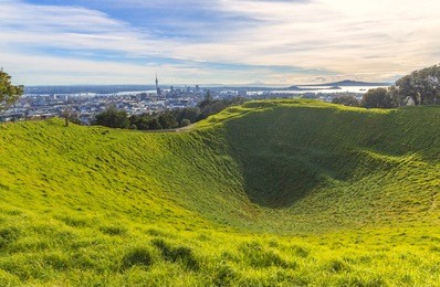 mt eden crater and view to auckland city, new zealand