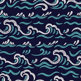 sea waves vector seamless pattern. hand drawn doodle wave. cartoon sea or ocean dark blue background