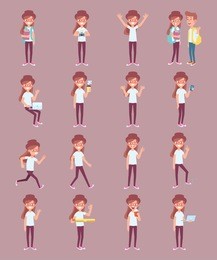 vector set of a young girl in casual clothes in different poses good for animation. flat style illustration.