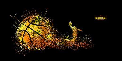 vector illustration for basketball. sports modern banner, glowing ball, particles. effect of fire. hand drawing. eps file is layered.