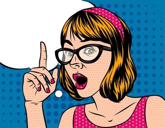 a girl with short hair in shocked emotions. a woman with glasses holds a hand to her face. the girl points a finger up. surprised face with a speech bubble over the background of the style of pop art
