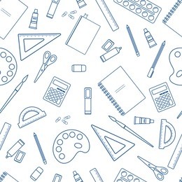 seamless background of different stationery supplies. 