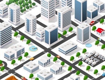 urban isometric area of the city infrastructure with transport, streets, houses and trees