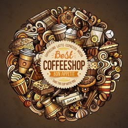 cartoon vector doodles coffee shop illustration. colorful, detailed, with lots of objects background. all objects separate. bright colors cafe funny round picture