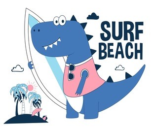 surfer dinosaur  print design with slogan. vector illustration design for fashion fabrics, textile graphics, prints.