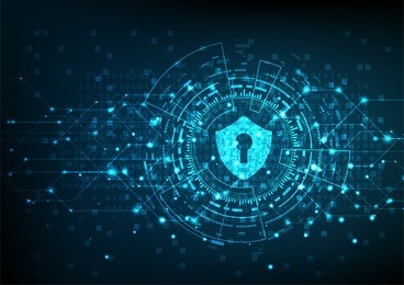 cyber security concept: shield with keyhole icon on digital data background. illustrates cyber data security or information privacy idea. blue abstract hi speed internet technology.