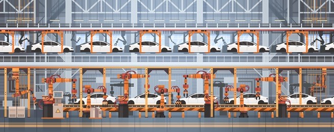 car production conveyor automatic assembly line machinery industrial automation industry concept flat vector illustration