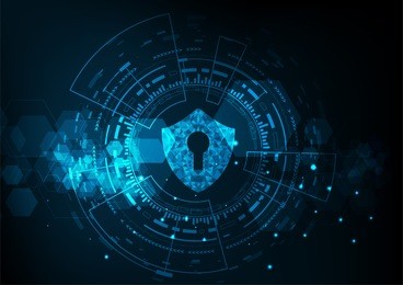 cyber security concept: shield with keyhole icon on digital data background. illustrates cyber data security or information privacy idea. blue abstract hi speed internet technology.