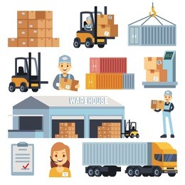 merchandise warehouse and logistic flat vector icons with workers and equipment. delivery and storage, warehouse and cargo box illustration