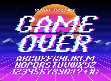 glith typeface game over. glitched font and numbers set on futuristic retro background