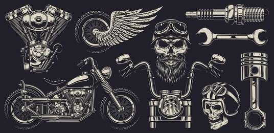 set of vintage custom motorcycle emblems, labels, badges, logos, prints, templates. layered, isolated on dark background easy rider