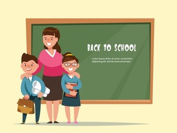 vector illustration group elementary school boy and girl and teacher in classroom in cartoon style. the design concept postcard back to school
