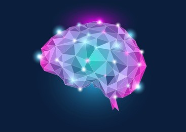 human brain concept illustration with purple teal colors and glow