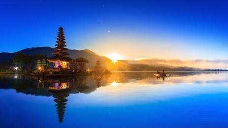 pura ulun danu bratan temple on water, landmark travel place of bali, indonesia (hdr night and day)