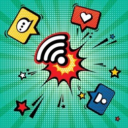 connection established. pop art vector illustration with social network symbols