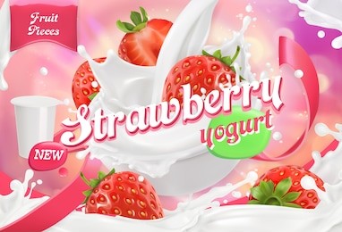 strawberry yogurt. fruits and milk splashes. 3d realistic vector, package design