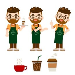 vector set of different poses of male barista character with some cup of coffees isolated on white background.