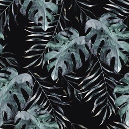 watercolor exotic seamless pattern, green tropical leaves, botanical summer illustration on black background