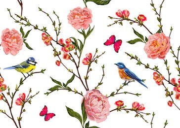 seamless vector floral pattern background with hand drawn birds, tropical japanese flowers, butterflies, peony flowers. perfect for wallpapers, web page backgrounds, surface textures, textile.