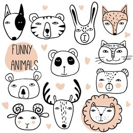 funny hand drawn animals. cute cartoon vector set