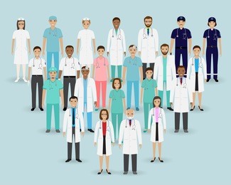 medical team. group doctors, nurses and paramedics. medicine banner. hospital staff. flat style illustration.