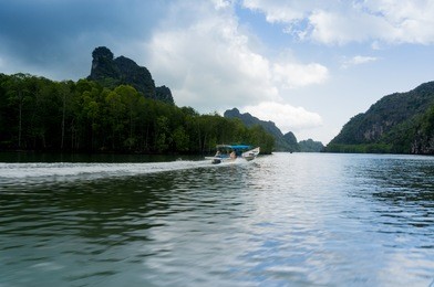 tree covered hills on the riverside of the kilim park in langkawi. this is a popular tourist spot shot on a cloudy afternoon.