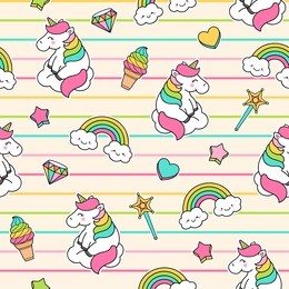 cute girls fashion patches seamless pattern with unicorn, rainbow, diamond, ice cream, magic wand, star, heart vector