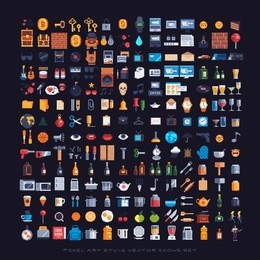 pixel art style icons set, various vector illustrations.