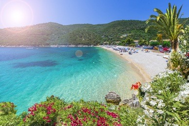 poros mikros gialos beach on the ionian sea, lefkada island, greece.
