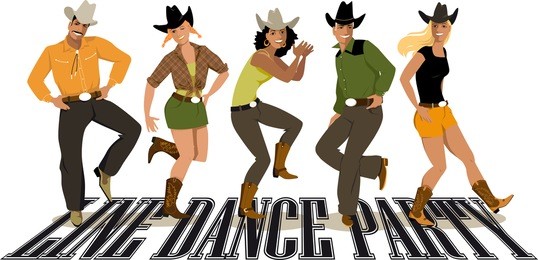 group of cowboys ans cowgirls in western country clothes dancing line dance, eps 8 vector illustration