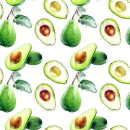 avocado seamless pattern. avocado tropical fresh fruit hand draw watercolor illustration.