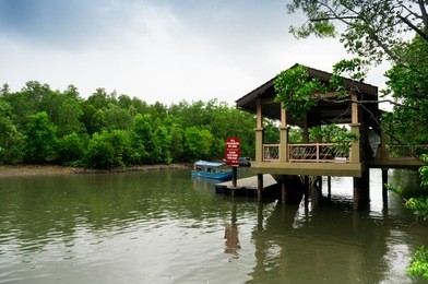 boat docking against a wooden cabin standing on stilts in the middle of a river. the background shows forests and a beautiful cloudy sky. shot in langkawi malaysia