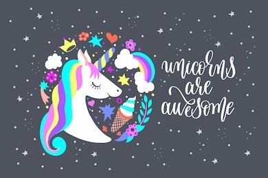 unicorns are awesome - art poster with unicorn, ice cream, rainbow, crown and stars, calligraphy vector illustration