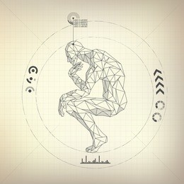 wireframe polygon man is thinking in futuristic retro style, vector of a great thinker